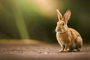 a rabbit sitting on the ground in front of a blurry background. AI-Generated photo