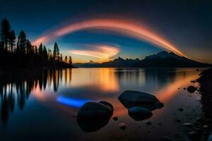 un arco iris es reflejado en el agua a puesta de sol. generado por ai foto