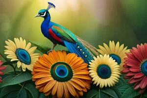 a colorful peacock sits on top of a bunch of flowers. AI-Generated photo