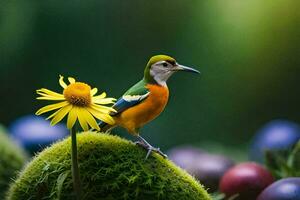 a colorful bird sits on top of a mossy green plant. AI-Generated photo