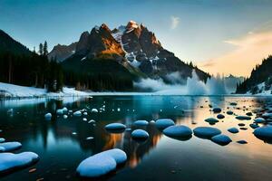 a beautiful mountain lake with snow covered rocks. AI-Generated photo