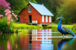 a peacock stands in the water near a red house. AI-Generated photo