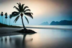 un solitario palma árbol soportes en el apuntalar de un playa. generado por ai foto