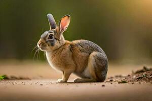 a rabbit sitting on the ground in the middle of a field. AI-Generated photo