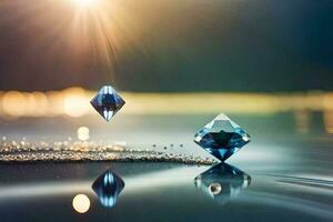 dos diamante conformado objetos sentado en el agua. generado por ai foto