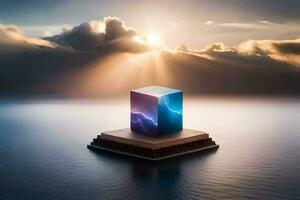 a cube floating in the ocean with clouds and sun. AI-Generated photo