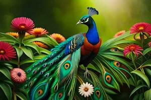 a colorful peacock is standing on a green field with flowers. AI-Generated photo