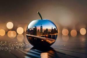 un manzana con un ciudad horizonte reflejado en él. generado por ai foto