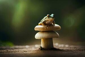 a frog sits on top of a mushroom. AI-Generated photo