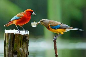 dos vistoso aves en pie en un de madera correo. generado por ai foto