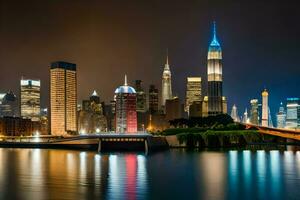 the city skyline at night with lights reflecting off the water. AI-Generated photo