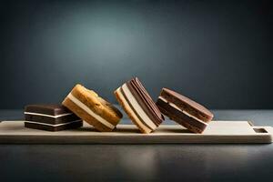 four different types of chocolate and cake on a wooden board. AI-Generated photo