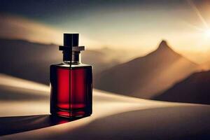 a bottle of perfume sitting on a table in front of a mountain. AI-Generated photo