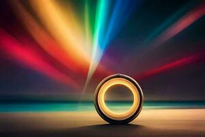 a ring on a beach with colorful light. AI-Generated photo