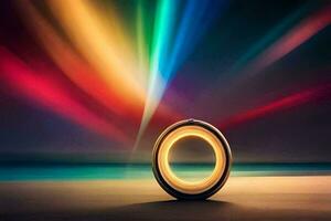 a ring on a beach with colorful light. AI-Generated photo