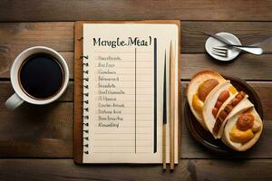 a notebook with a list of meals and a cup of coffee. AI-Generated photo