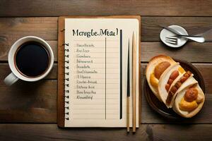 a notebook with a list of meals and a cup of coffee. AI-Generated photo