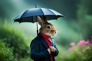 a rabbit in a suit holding an umbrella. AI-Generated photo