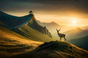 the deer is standing on the hill at sunset. AI-Generated photo