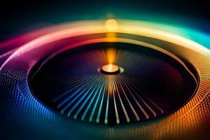 a colorful light is shining on a circular object. AI-Generated photo