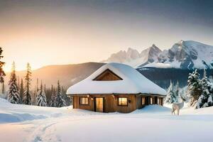 a cabin in the snow with a deer in the foreground. AI-Generated photo