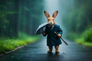 a rabbit in a suit holding an umbrella. AI-Generated photo