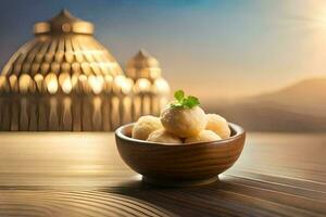 a bowl of dumplings with a golden dome in the background. AI-Generated photo