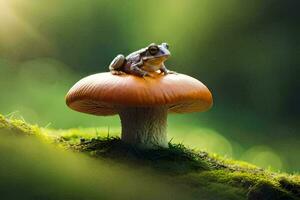 a frog sits on top of a mushroom in the forest. AI-Generated photo