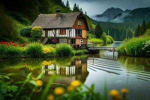 a small house sits on the edge of a lake. AI-Generated photo