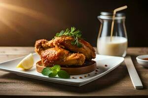 pollo alas en un plato con salsa y un vaso de leche. generado por ai foto