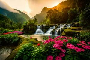 beautiful waterfall in the mountains with pink flowers. AI-Generated photo