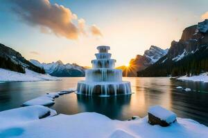 a frozen fountain in the snow with mountains in the background. AI-Generated photo