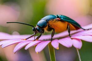 un escarabajo en un rosado flor. generado por ai foto