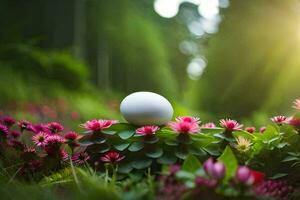 an egg sitting on top of a flower bed. AI-Generated photo