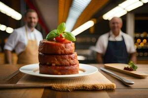 a stack of meat on a plate with two men behind it. AI-Generated photo