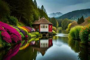 a small house sits on the side of a river. AI-Generated photo