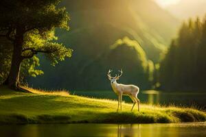 a deer stands in the middle of a lake. AI-Generated photo