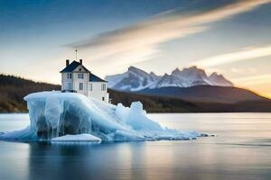 an iceberg floating in the water with a house on top. AI-Generated photo