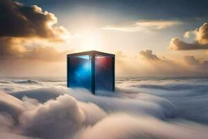 un azul caja flotante en el nubes generado por ai foto