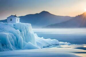 un pequeño casa se sienta en parte superior de un iceberg. generado por ai foto