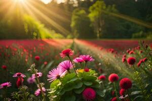 photo wallpaper field, the sun, flowers, the sun, flowers, the field, the sun. AI-Generated