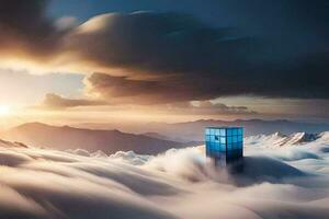 un azul cubo en el nubes generado por ai foto