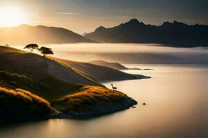 a lone tree stands on a hill overlooking a lake. AI-Generated photo