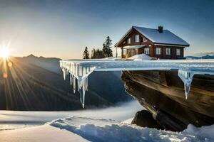 a house sits on top of a cliff with icicles hanging from the roof. AI-Generated photo