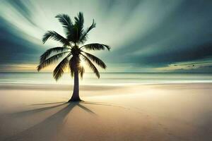 un palma árbol soportes solo en un arenoso playa a puesta de sol. generado por ai foto