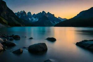 the mountains are reflected in the water at sunset. AI-Generated photo
