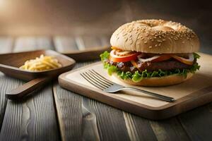 a hamburger with cheese and tomatoes on a wooden cutting board. AI-Generated photo