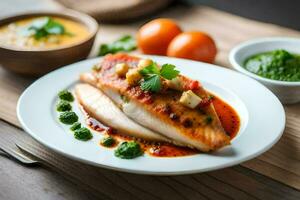 a plate of fish with sauce and vegetables. AI-Generated photo