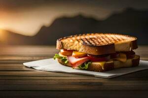 a grilled sandwich on a wooden table with the sun in the background. AI-Generated photo