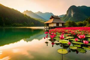 the lotus pond in the mountains. AI-Generated photo